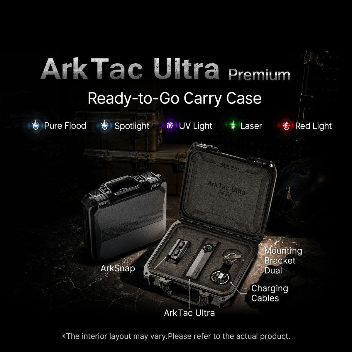 Olight ArkTac Ultra Premium ready-to-go case contents – ArkSnap holster, mounting bracket and charging cables
