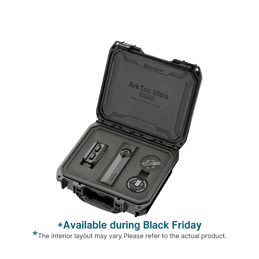 Olight ArkTac Ultra Premium tactical flashlight kit in hard carry case with custom foam insert