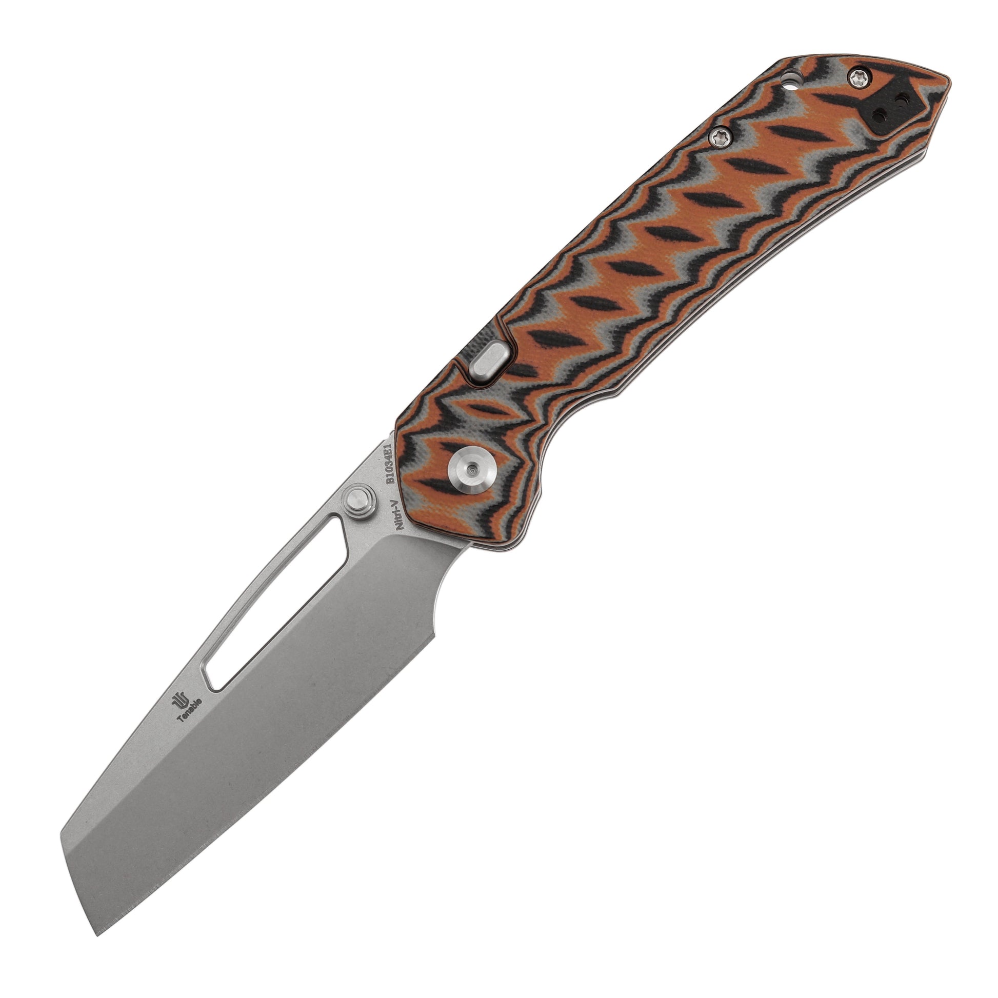 Kansept Fenrir B1034E1 front view – 3.48″ Nitro-V harpoon folding knife, black and brown G10 handle, top liner lock