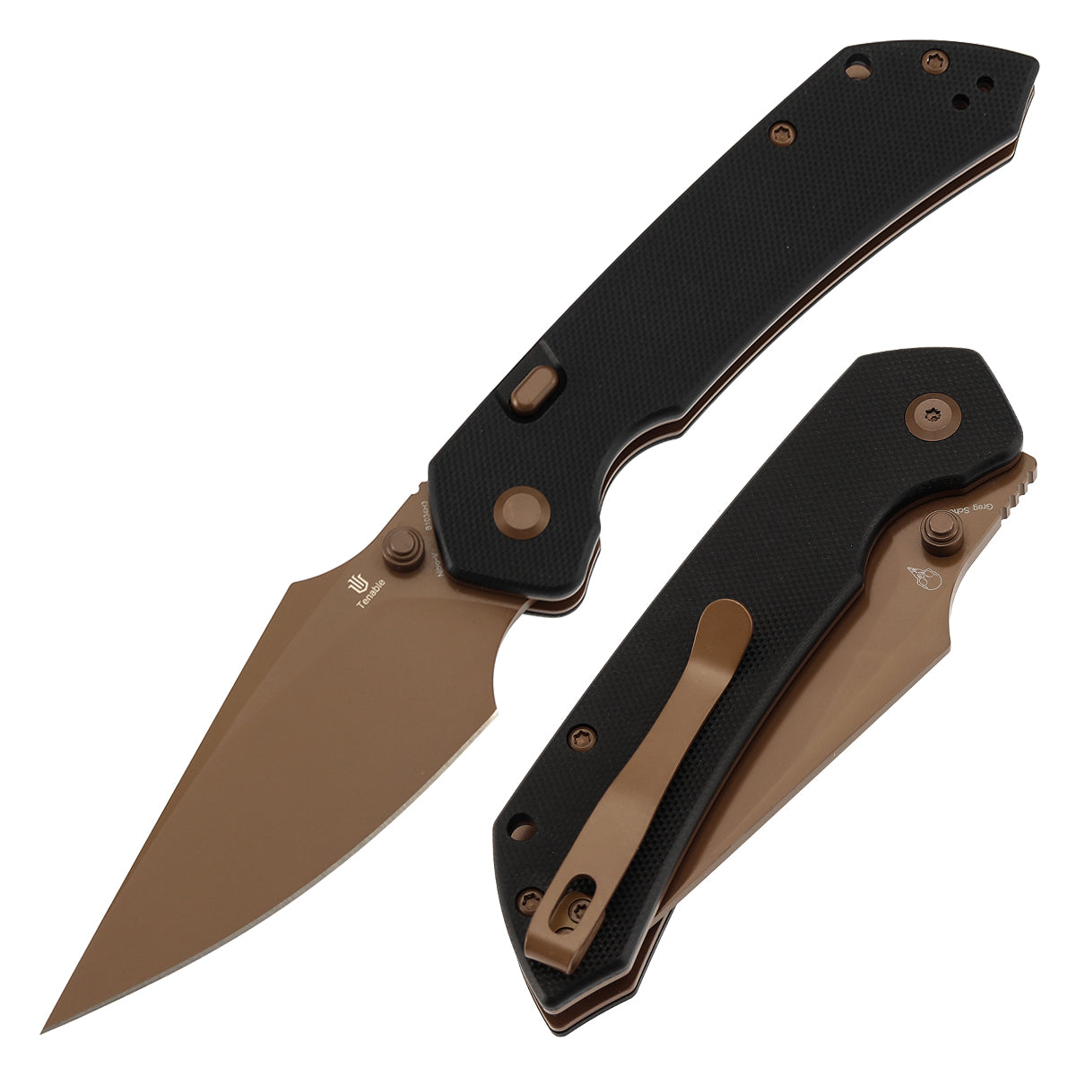 Tenable Fenrir B1034H3 front view – 3.4" blackwash rose gold Nitro-V harpoon folding knife
