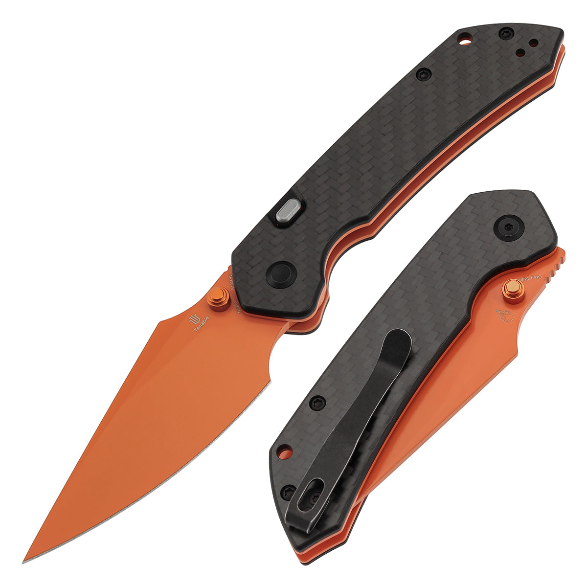 Tenable Fenrir B1034H5 front view – 3.4" Orange Coated Nitro-V harpoon folding knife