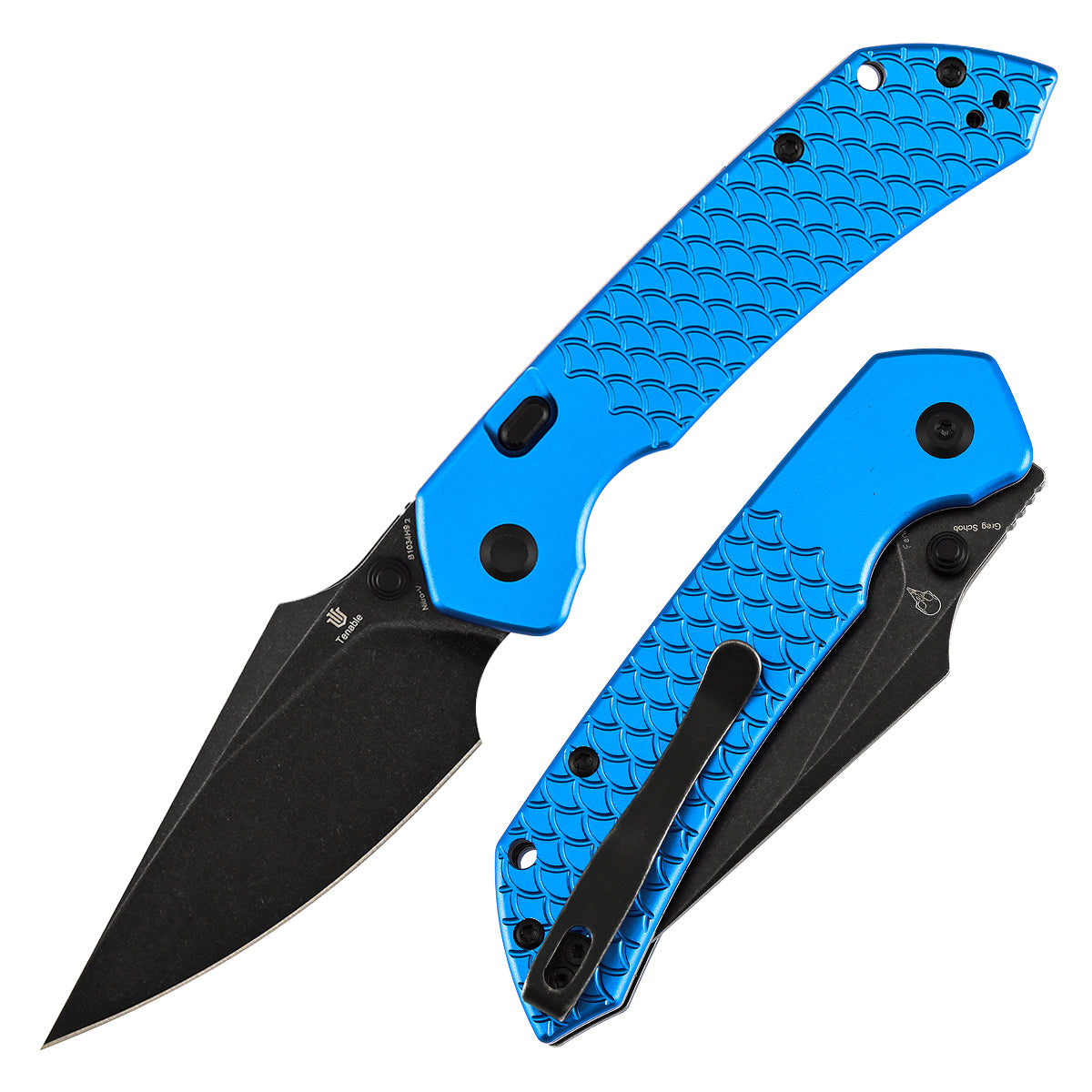 Tenable Fenrir B1034H92 front view – 3.4″ Blackwash Nitro-V harpoon, dark blue fishscale aluminum, top liner lock