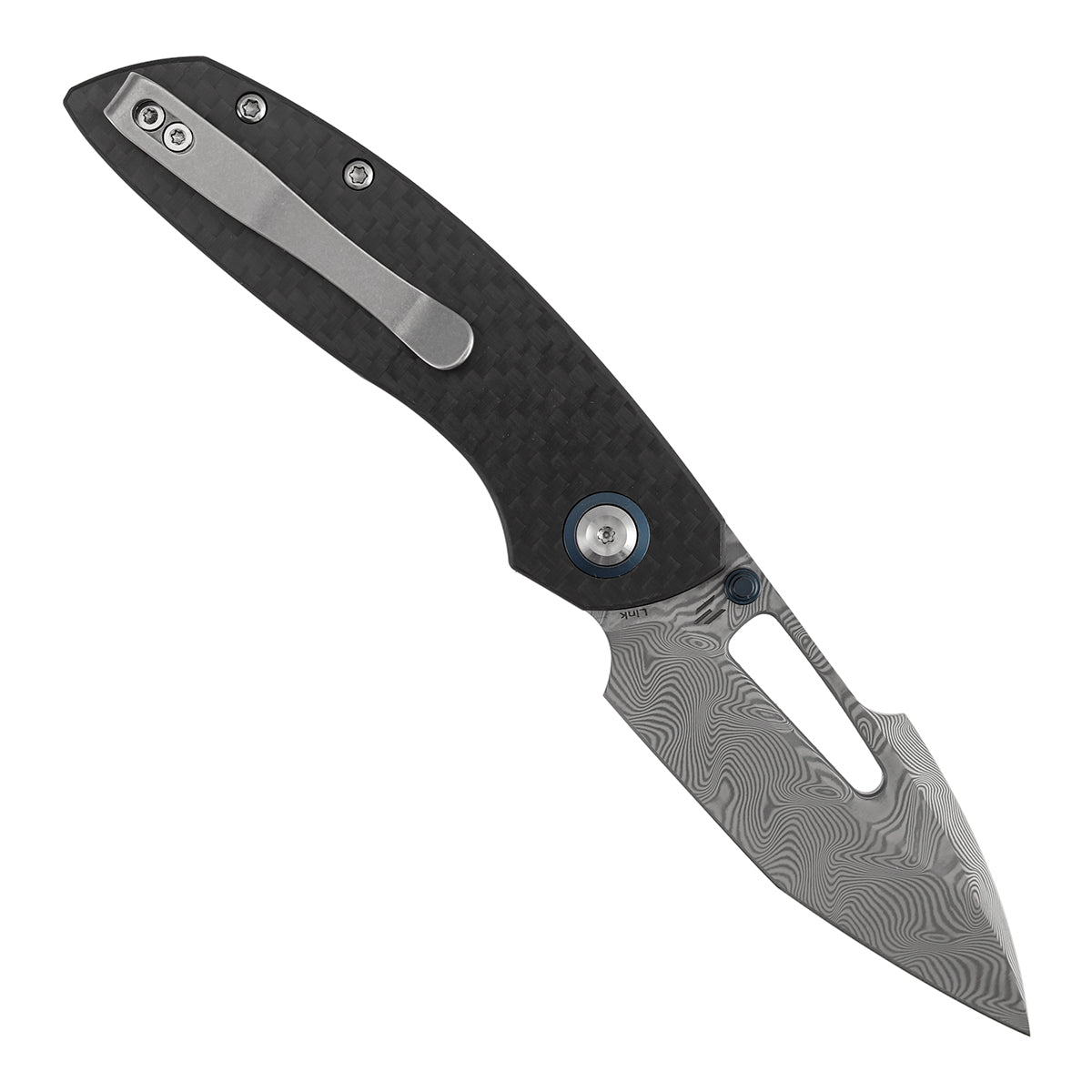 Tenable Link B1068A1 open position showing Water Ripple Damascus harpoon blade