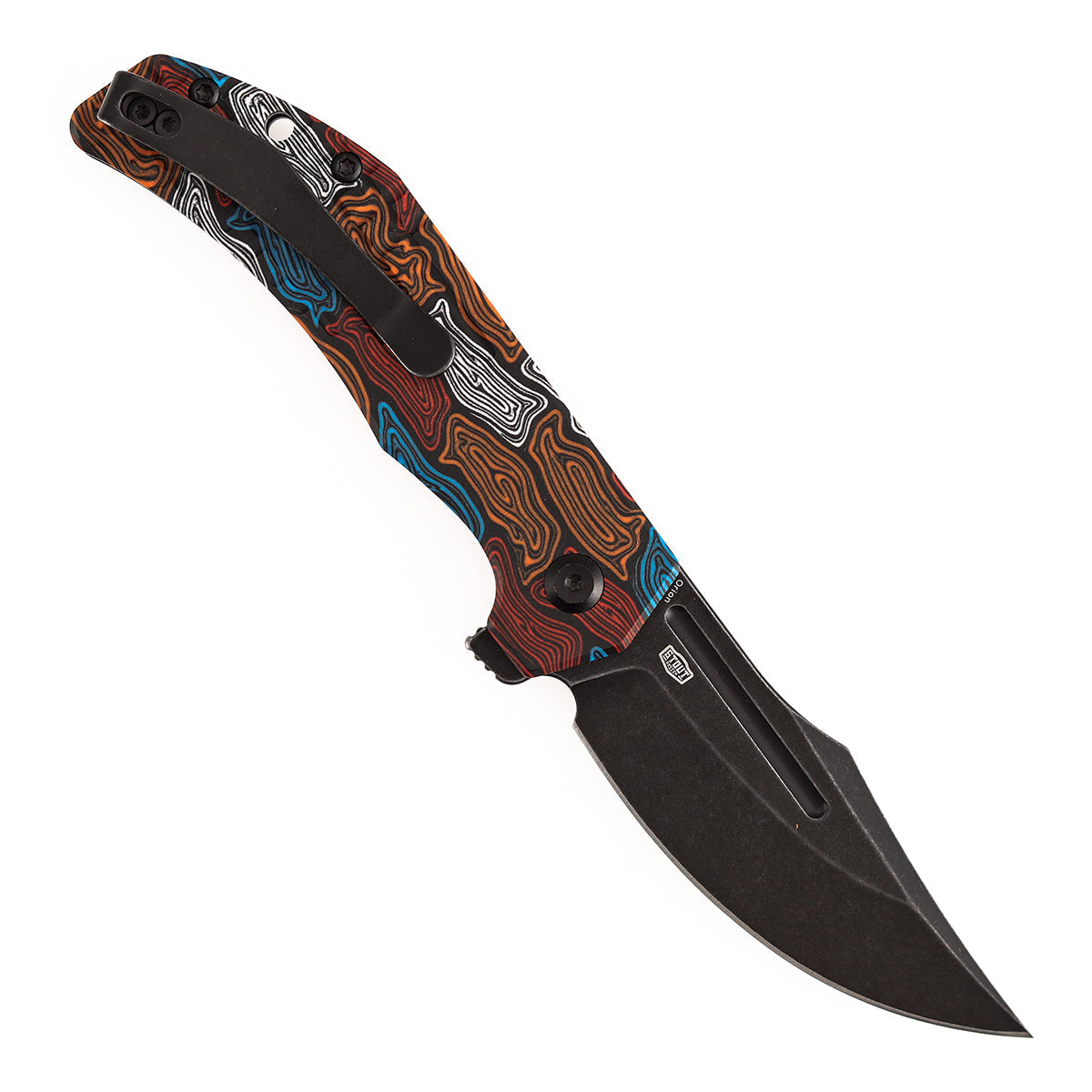 Tenable Orion B1089A7 open position showing Blackwashed 14C28N clip point blade