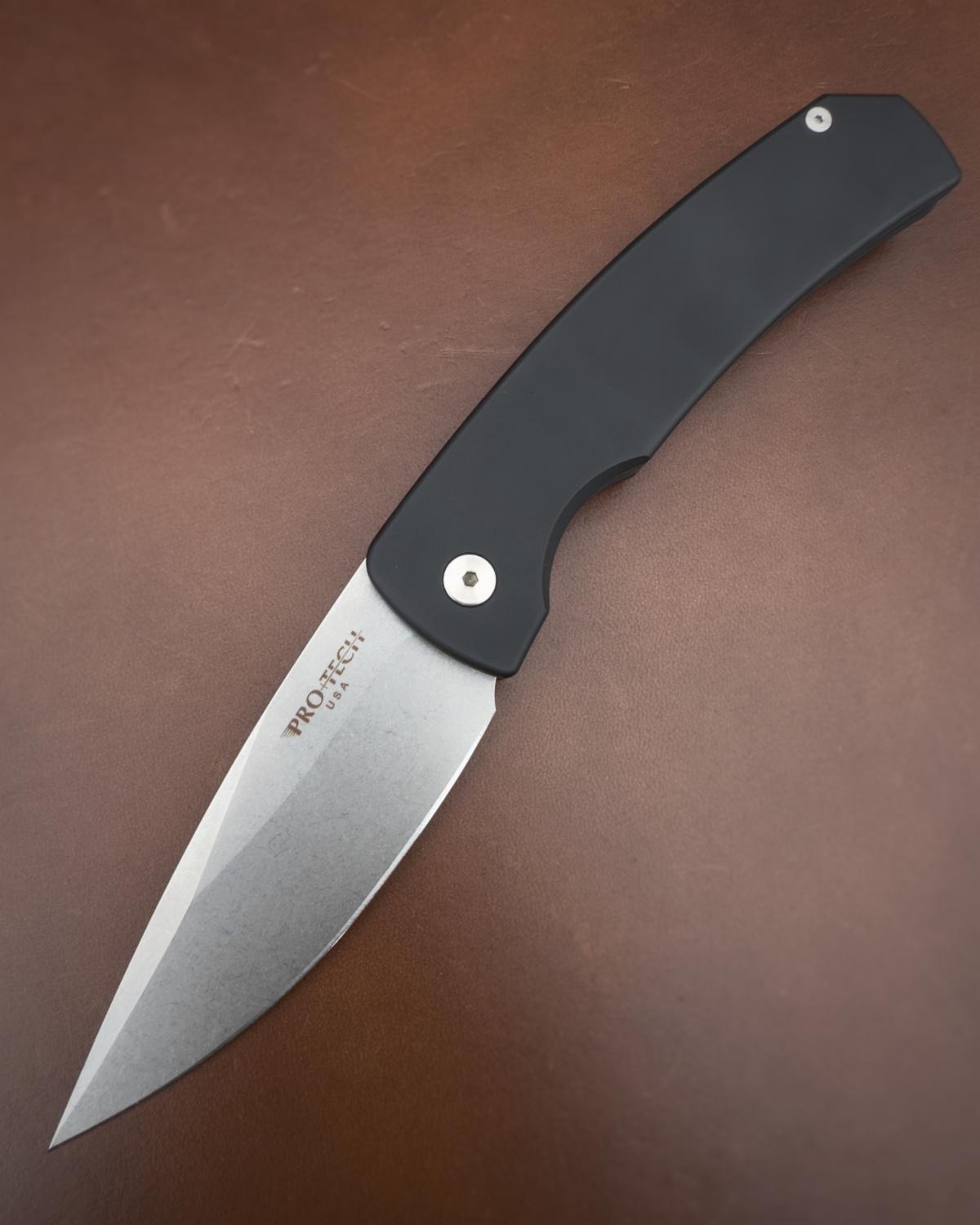 Pro-Tech Knives Magic 2 Whiskers 3.75in 154cm Stonewashed Blade Solid Black Handles