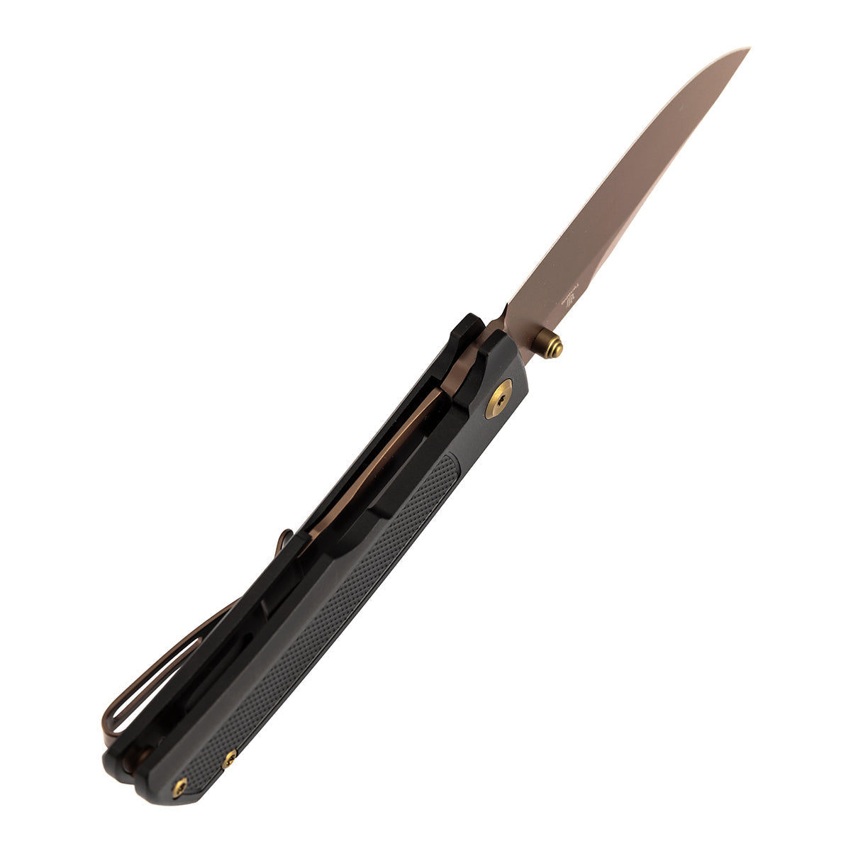 Tenable Bison B2108A3 blade detail – Rose Gold Nitro-V clip point flat grind