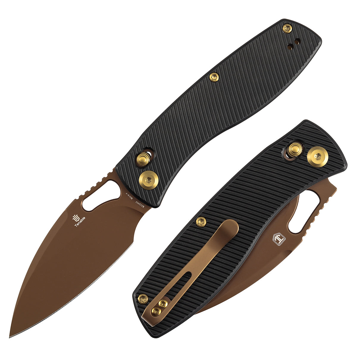 Tenable Heron B2124V2 front view – 3.13" rose gold Nitro-V leaf-shaped folding knife