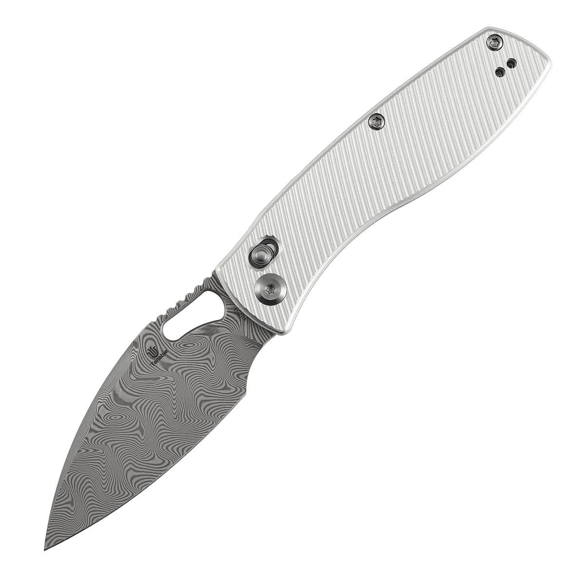 Tenable Heron B2124V3 closed view – 3.13″ Water Ripple Damascus drop point, beadblasted aluminum, crossbar lock