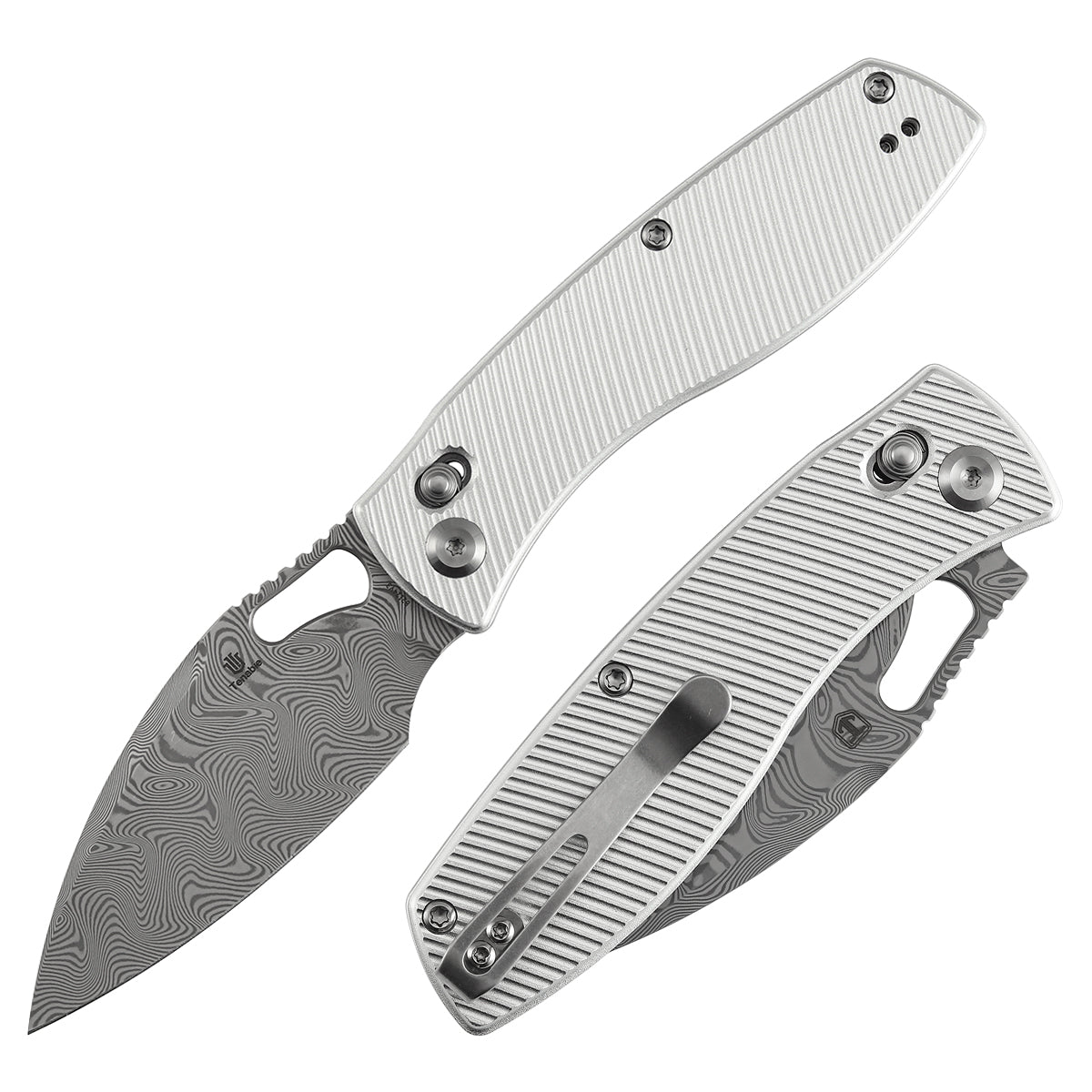 Tenable Heron B2124V3 front view – 3.13″ Water Ripple Damascus drop point, beadblasted aluminum, crossbar lock