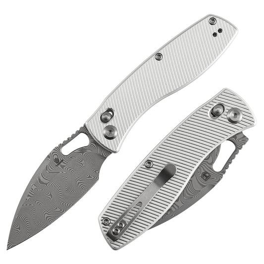 Tenable Heron B2124V3 front view – 3.13″ Water Ripple Damascus drop point, beadblasted aluminum, crossbar lock