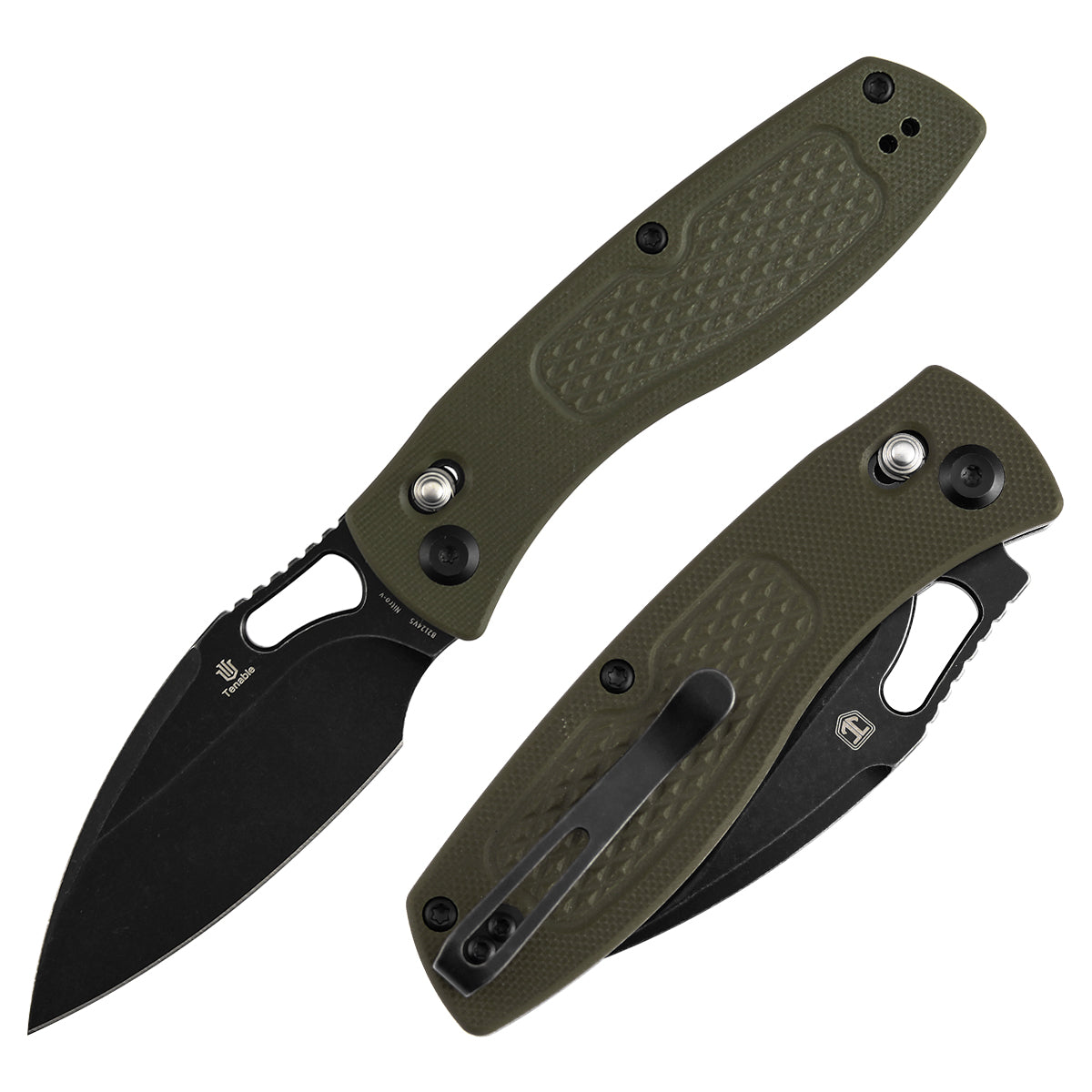 Tenable Heron B2124V5 front view – 3.13" blackwash Nitro-V leaf-shaped folding knife