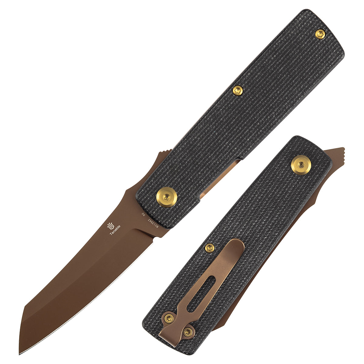 Tenable Higonokami B2135A2 front view – 3.02" Rose Gold Coated D2 reverse tanto folding knife