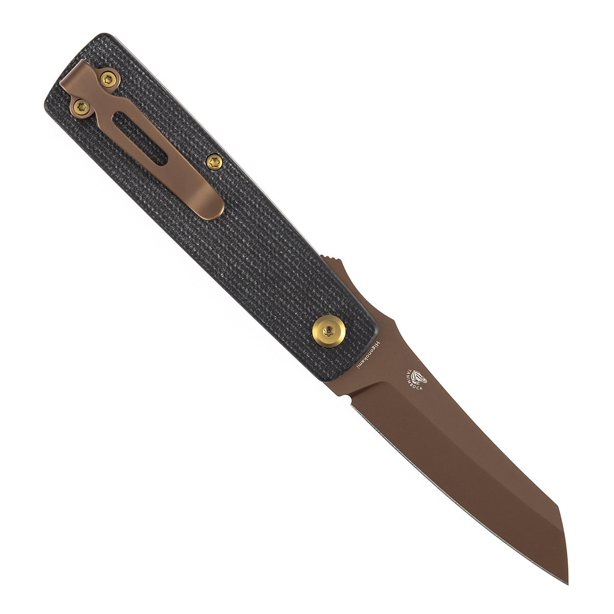 Tenable Higonokami B2135A2 open position showing Rose Gold coated D2 reverse tanto blade