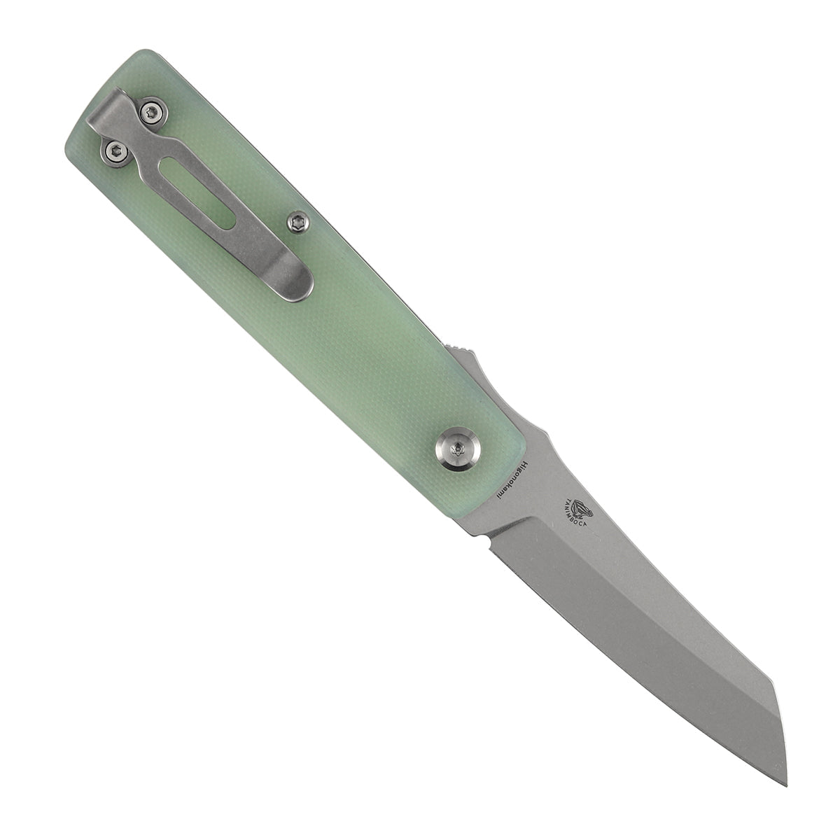 Tenable Higonokami B2135A4 open position showing Stonewashed D2 reverse tanto blade