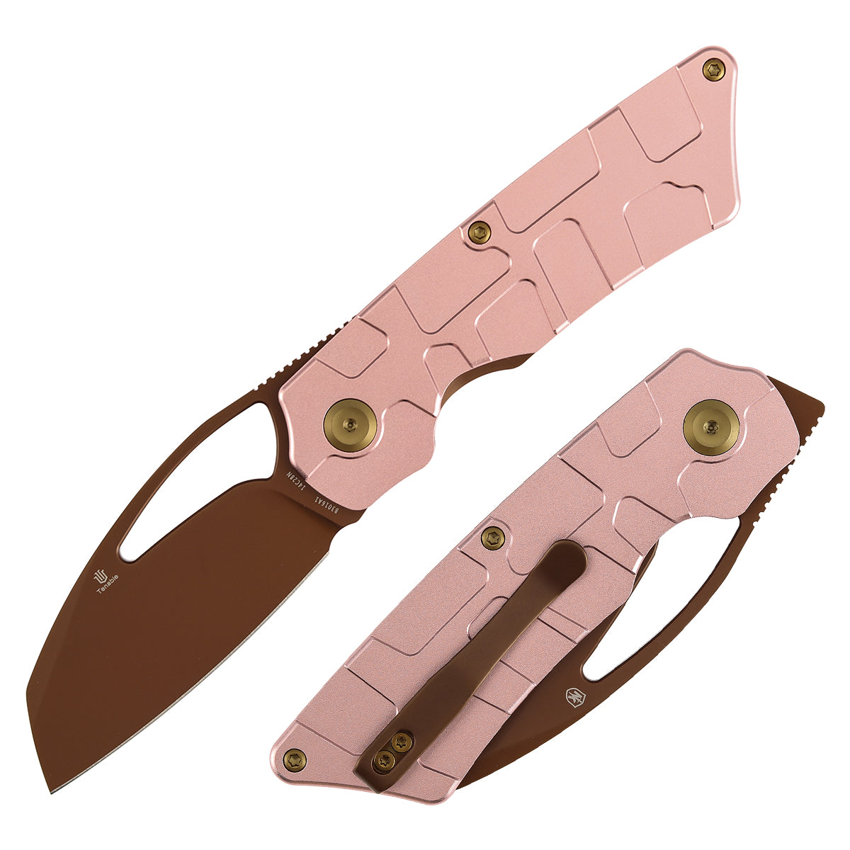 Tenable Goblin L B3016A1 front view – 3.08″ Rose Gold 14C28N sheepsfoot, rose gold aluminum geometric texture, liner lock