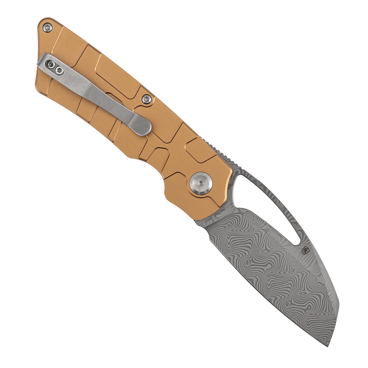 Tenable Goblin L B3016A2 open position showing Damascus sheepsfoot blade