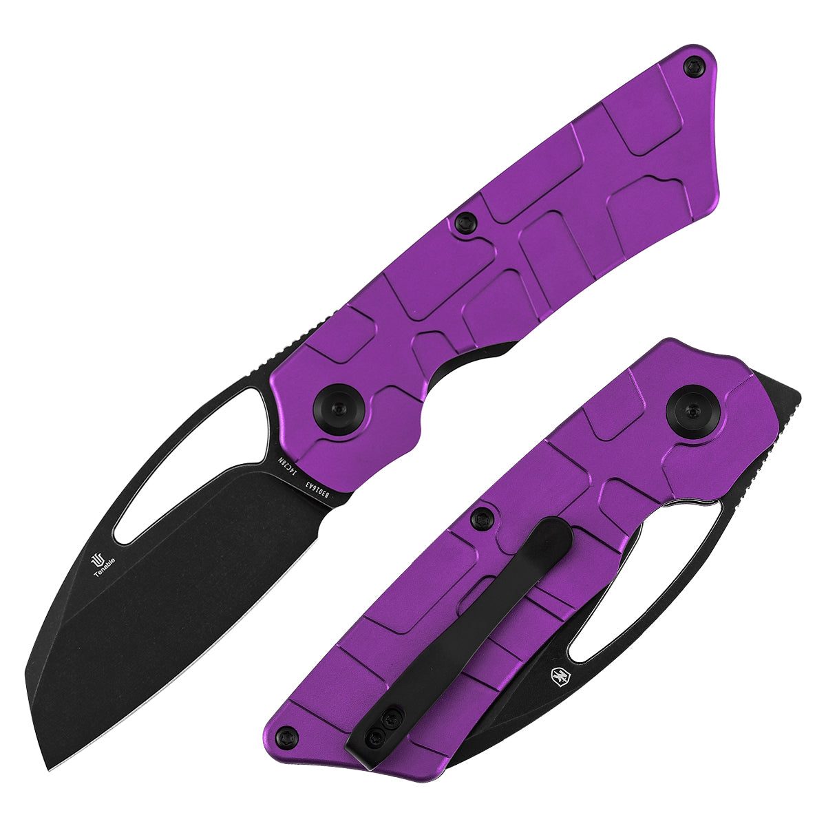 Tenable Goblin L B3016A3 front view – 3.08″ Blackwash 14C28N sheepsfoot, purple anodized aluminum geometric texture, liner lock
