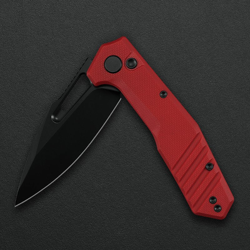 Critical Strike Rowdy B508-RDBF open position showing black VG10 drop point blade