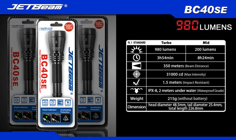 JETBeam BC40SE 2 x 18650 / 4 x (R)CR123A CREE XM-L2 980 Lumen LED Flashlight