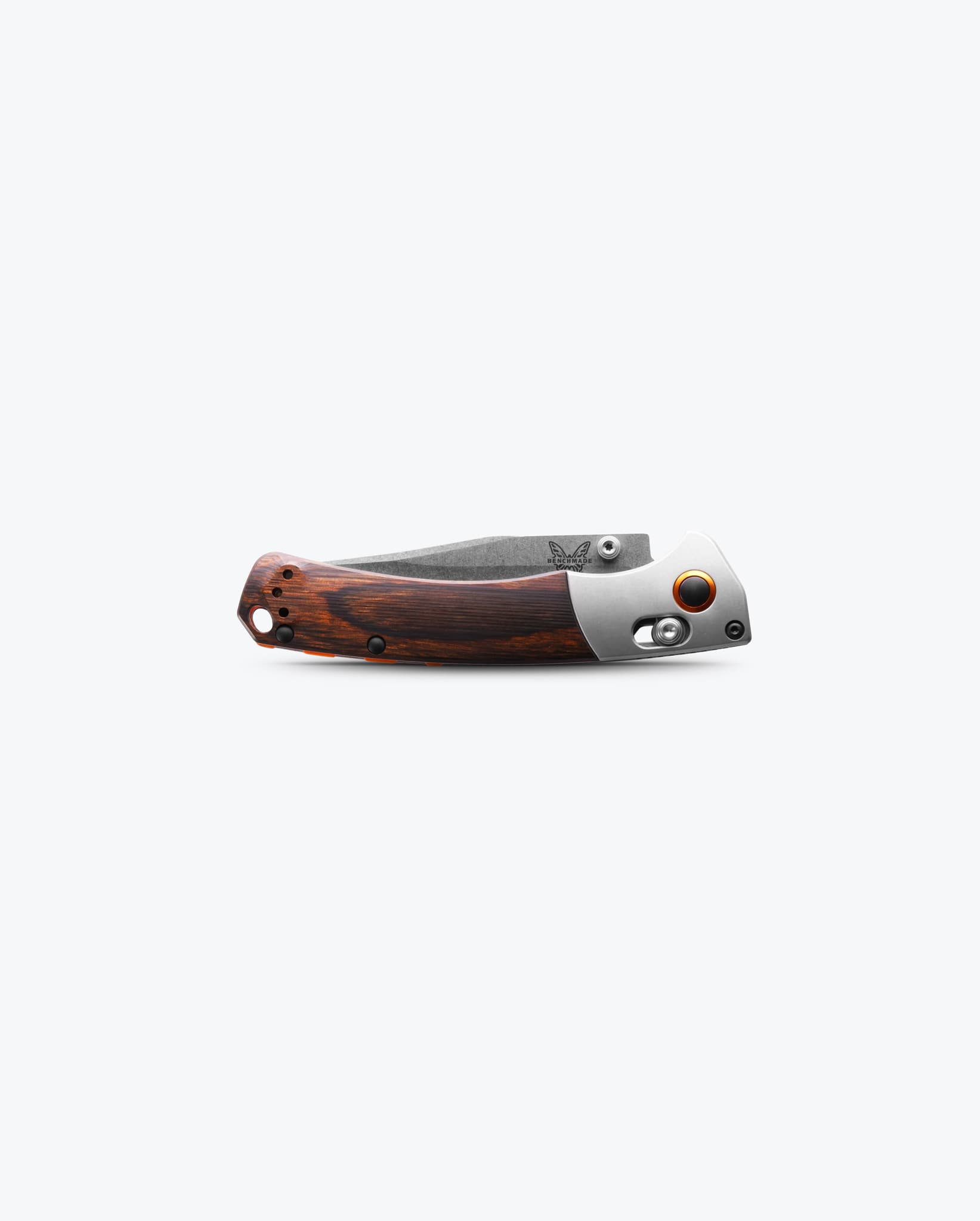Benchmade Mini Crooked River 15085-2 closed view – gray aluminum and wood