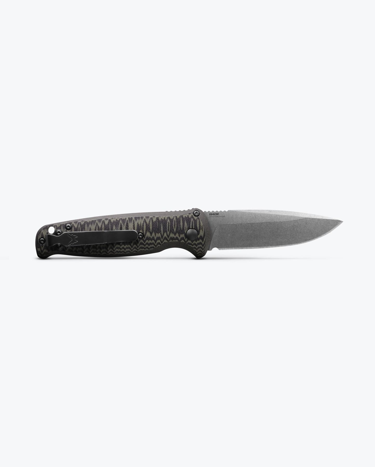 Benchmade 4300-1 CLA back side open view – satin 154CM drop point blade and deep-carry pocket clip