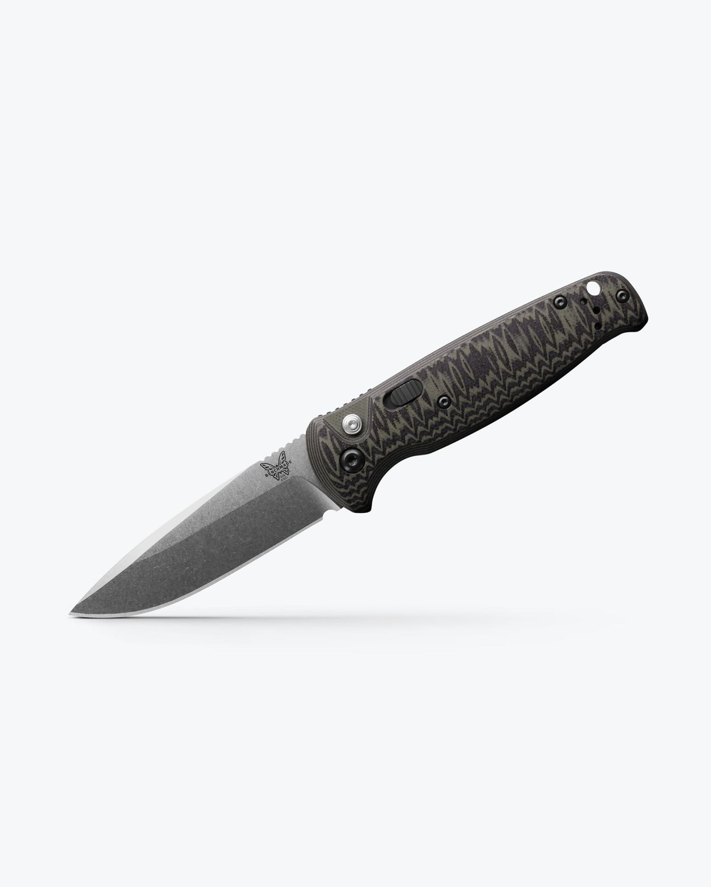 Benchmade 4300-1 CLA green and black layered G10 handle scales, angled profile