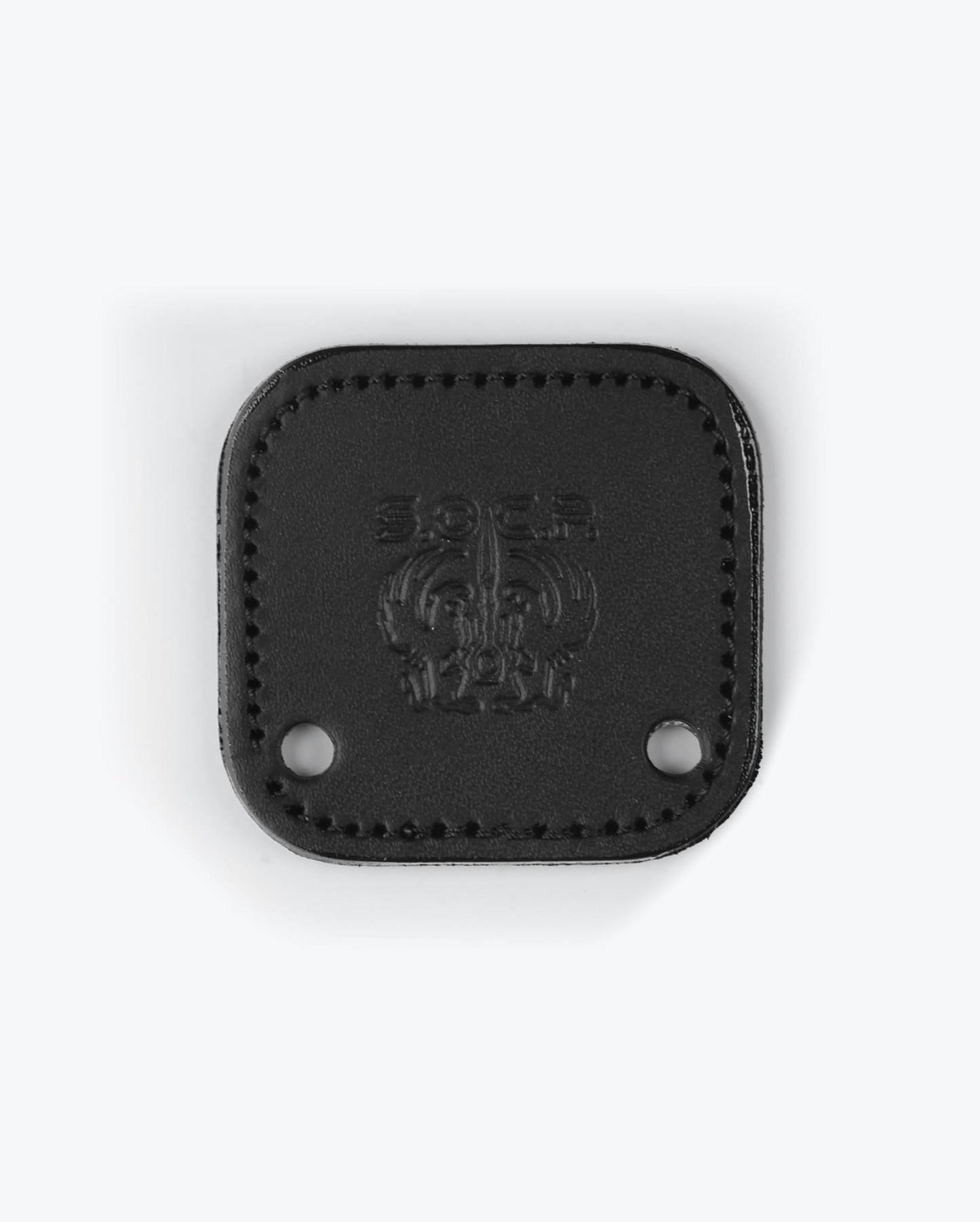 Benchmade SOCP Leather Backplate 102119F front view – black leather comfort tab with embossed SOCP logo
