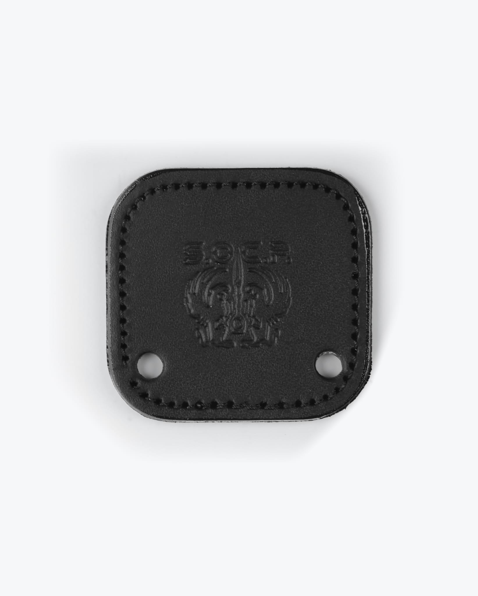 Benchmade SOCP Leather Backplate 102119F front view – black leather comfort tab with embossed SOCP logo
