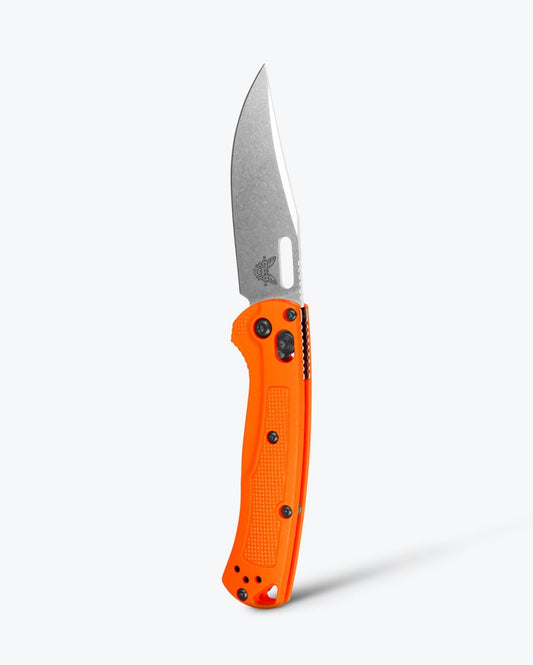 Benchmade Mini Taggedout 15533 front view – 3″ CPM-154 clip point folding hunting knife, orange Grivory