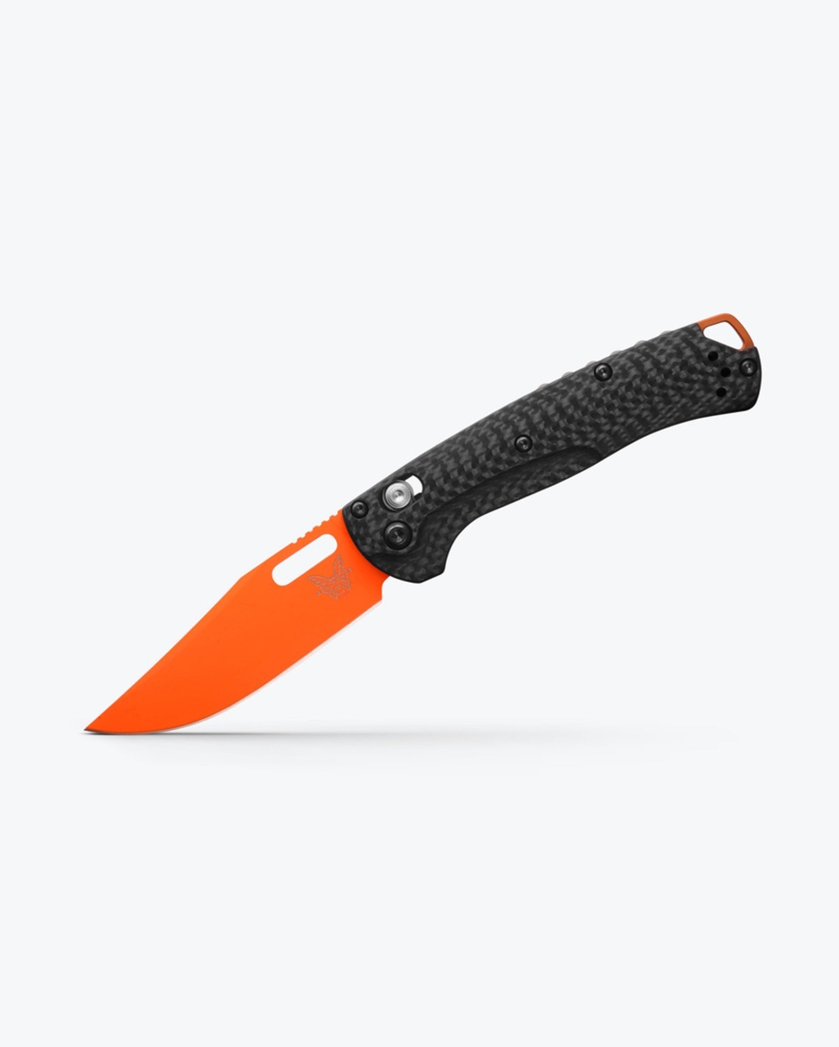 Benchmade Mini Taggedout 15533OR-01 open position showing CPM-MagnaCut orange Cerakote blade