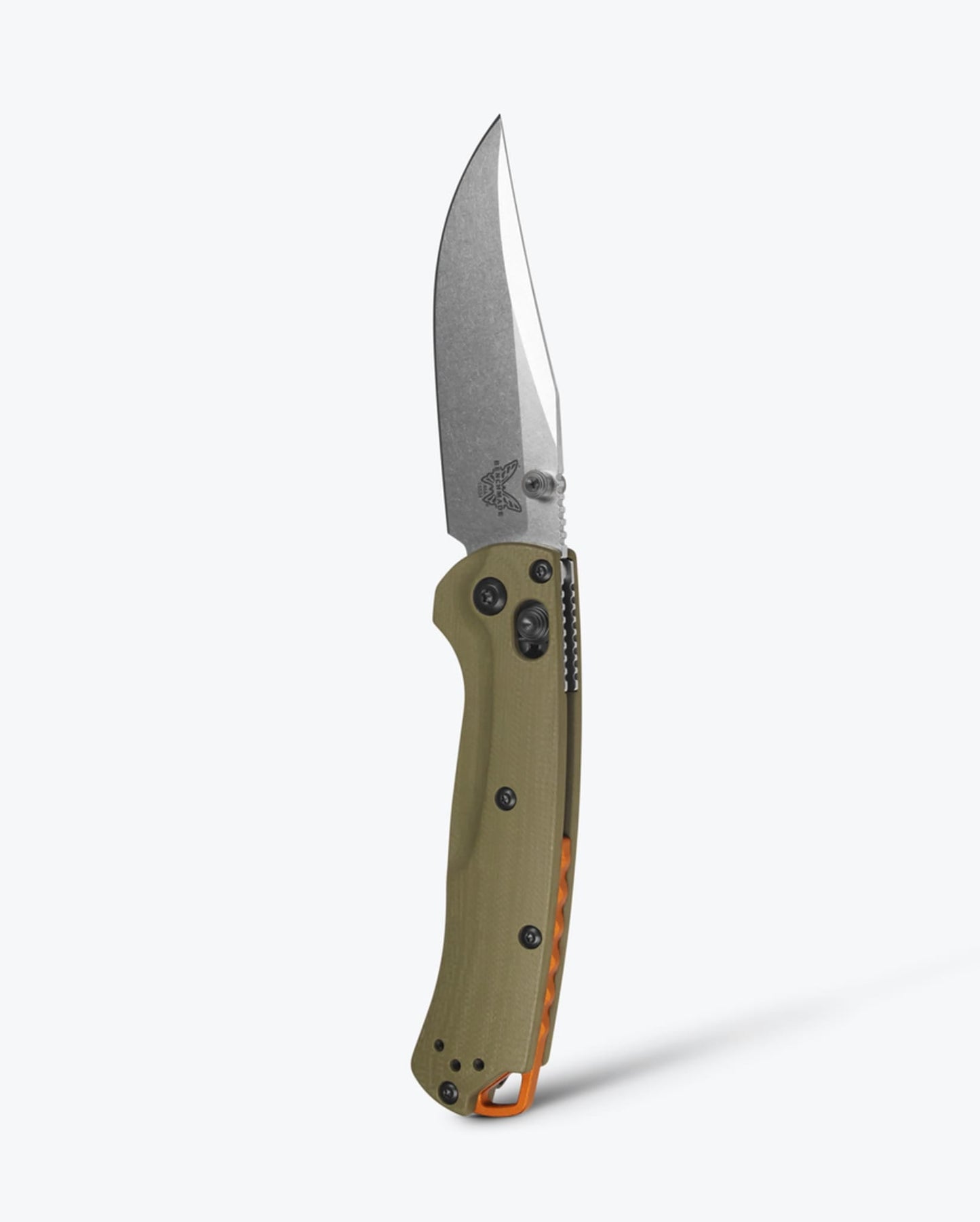 Benchmade Mini Taggedout 15534 front view – 3″ CPM-S45VN clip point folding hunting knife, OD Green G10