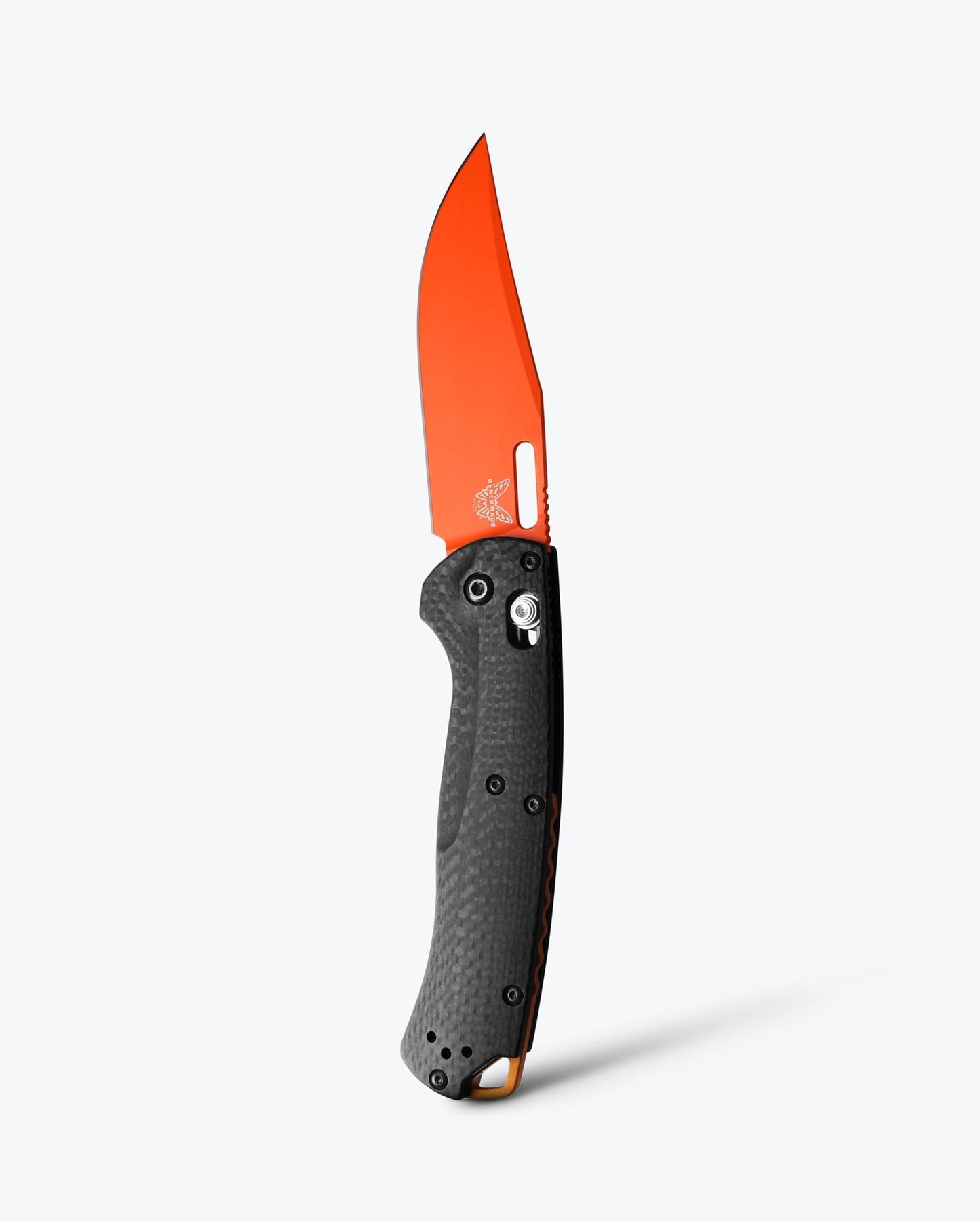 Benchmade Taggedout 15535OR-01 front view – 3.5″ CPM-MagnaCut clip point folding hunting knife, carbon fiber