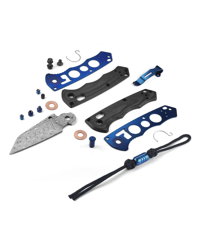 Benchmade Gold Class Full Immunity 290-241 exploded component view - Damasteel blade, sapphire blue anodized liners, carbon fiber scales and hardware