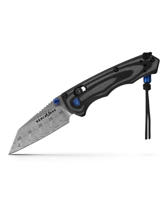 Benchmade Gold Class Full Immunity 290-241 open view - 2.49" etched Aegir Damasteel wharncliffe, unidirectional carbon fiber, sapphire blue beaded lanyard