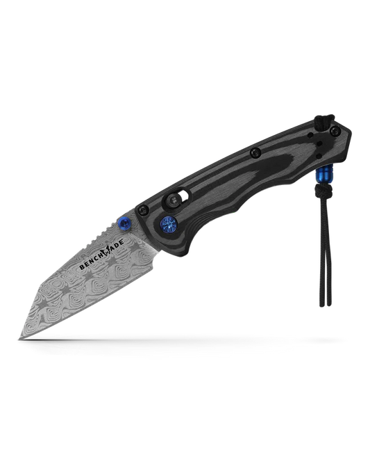 Benchmade Gold Class Full Immunity 290-241 open view - 2.49" etched Aegir Damasteel wharncliffe, unidirectional carbon fiber, sapphire blue beaded lanyard