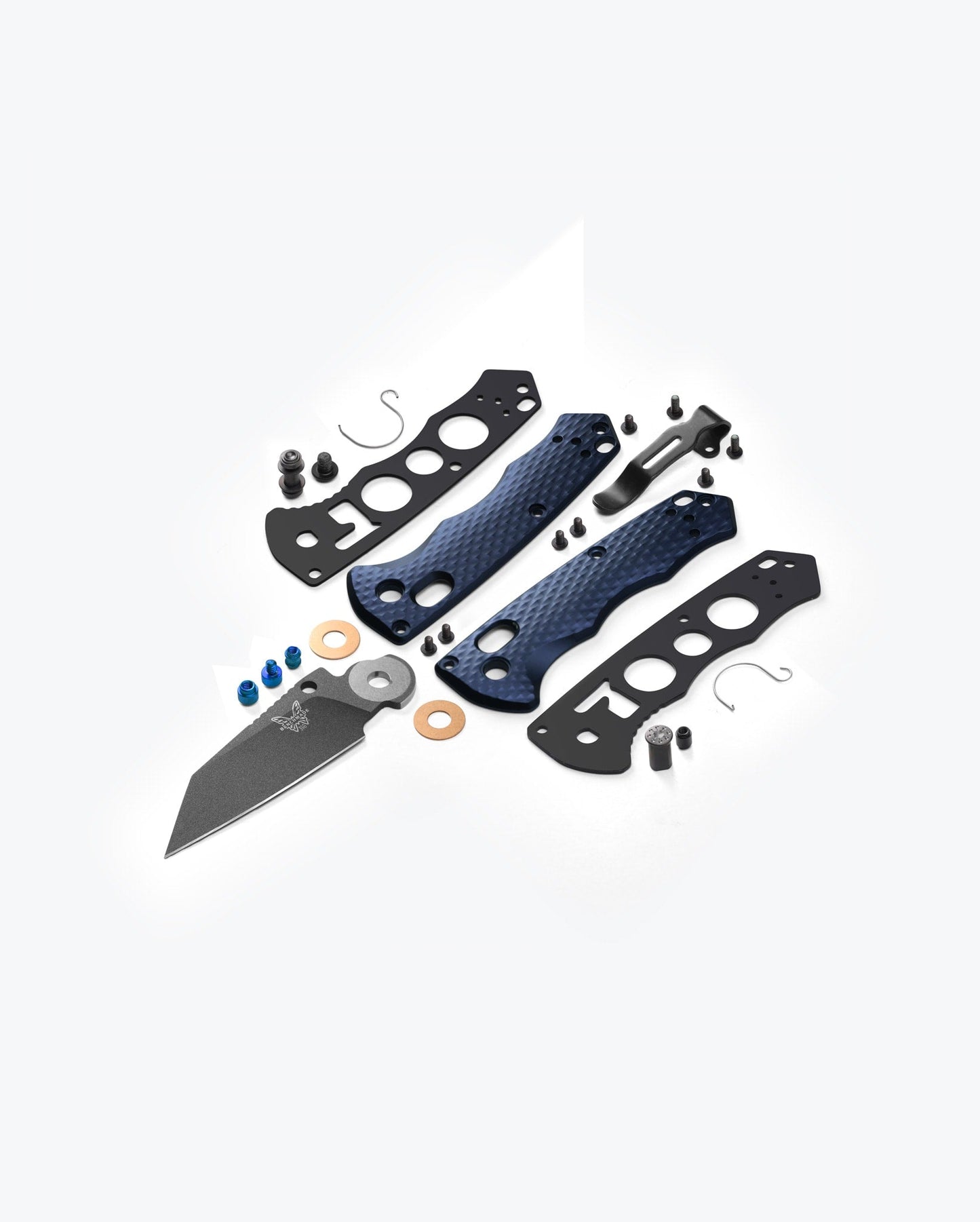 Benchmade Full Immunity 290BK AXIS lock exploded component view showing blade, liners and hardware