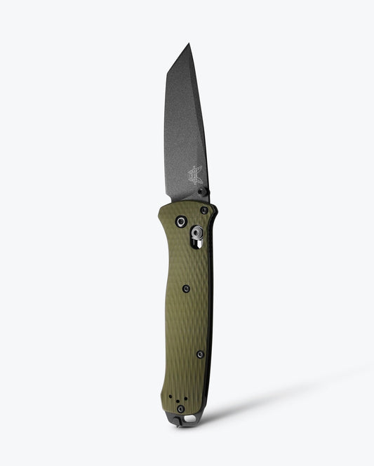 Benchmade Bailout 537GY-1 front view, 3.38 inch satin CPM-M4 tanto Woodland Green folding knife