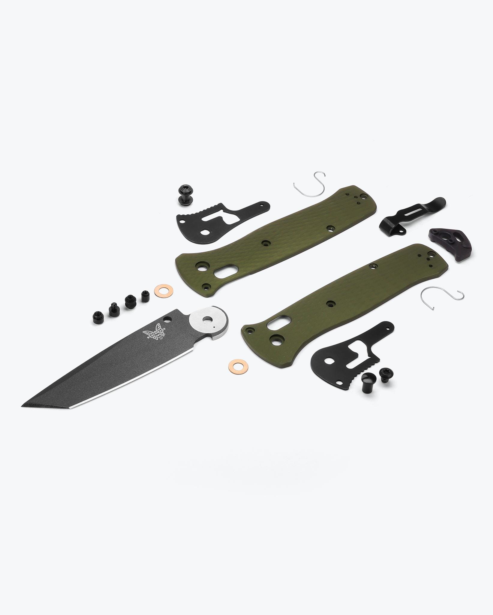 Benchmade Bailout 537GY-1 Woodland Green anodized aluminum handle and component detail