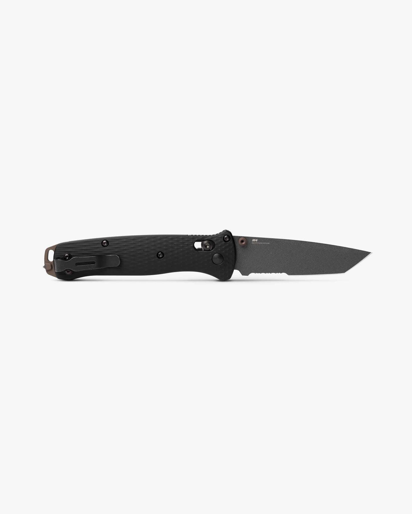 Benchmade Bailout 537SGY-03 blade detail, Tungsten Gray Cerakote CPM-M4 partially serrated tanto