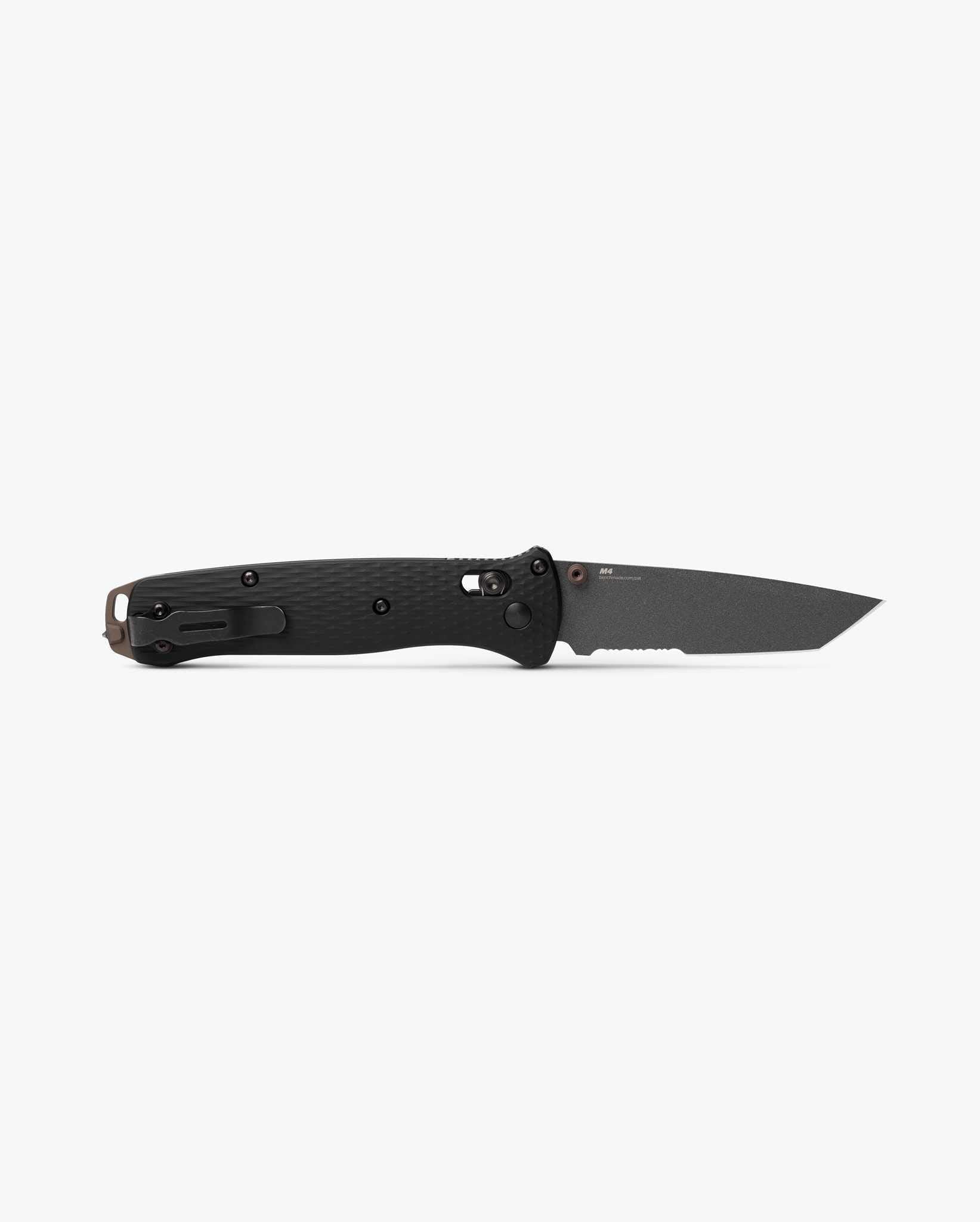 Benchmade Bailout 537SGY-03 blade detail, Tungsten Gray Cerakote CPM-M4 partially serrated tanto