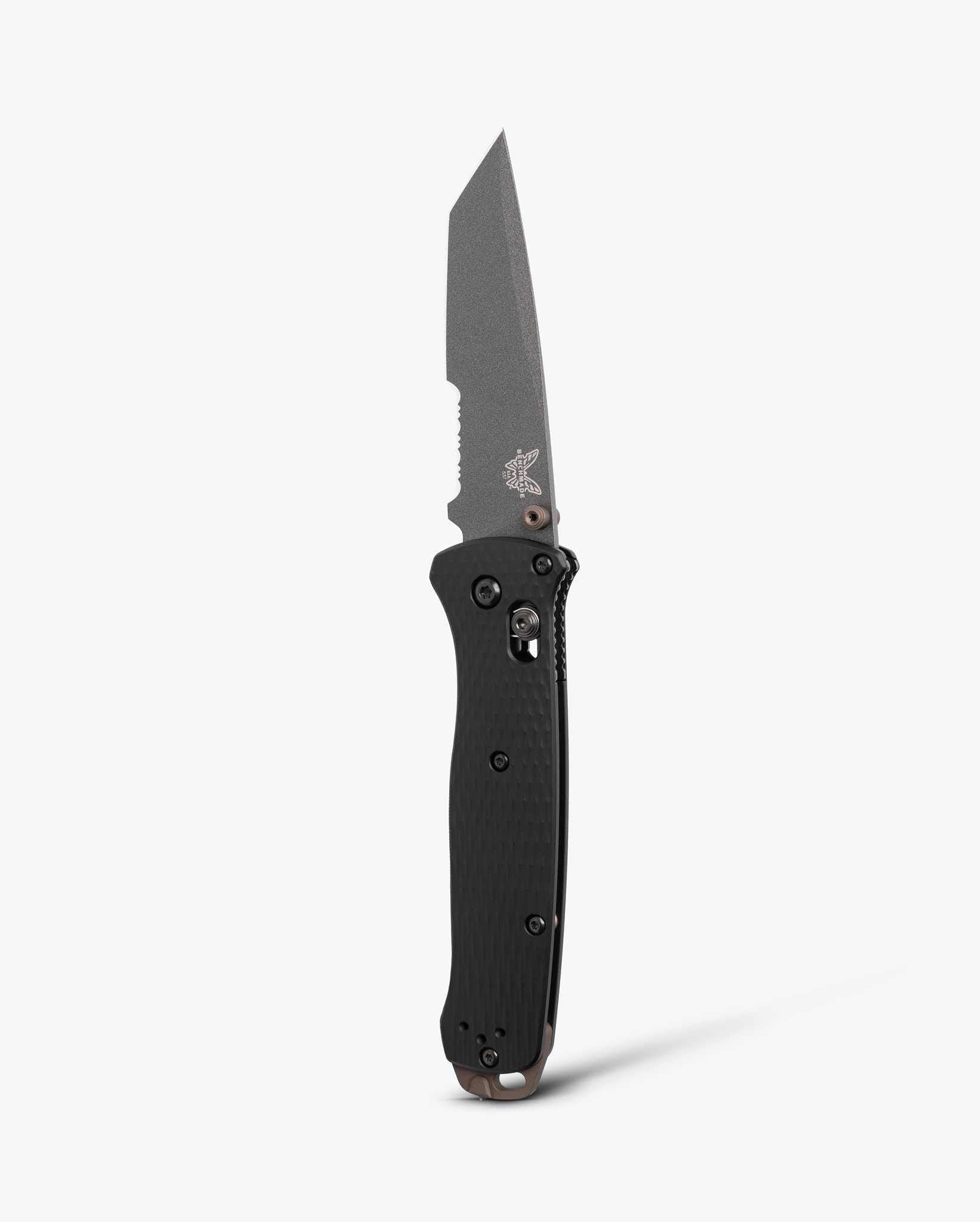 Benchmade Bailout 537SGY-03 front view, 3.38 inch CPM-M4 Tungsten Gray serrated tanto folding knife