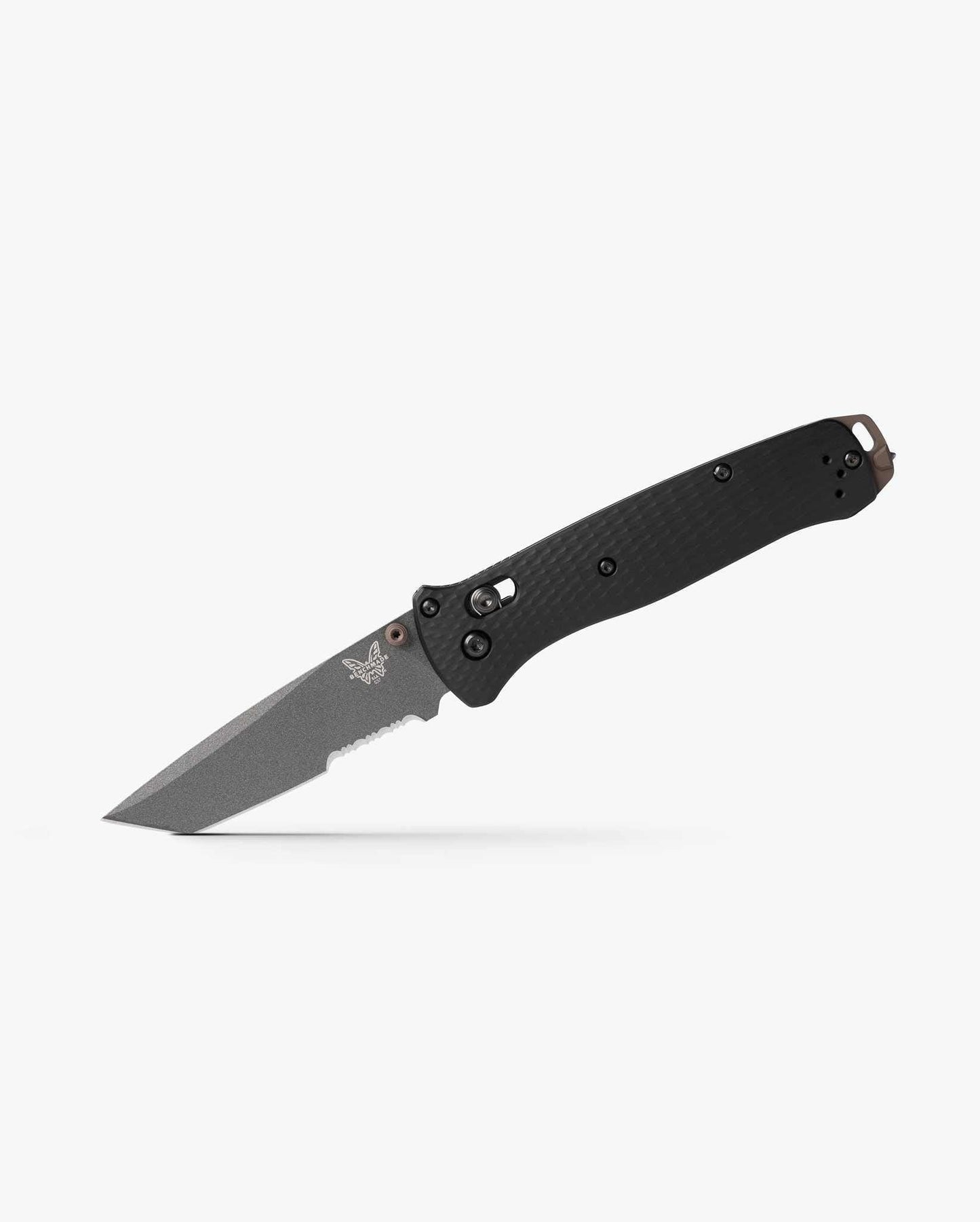 Benchmade Bailout 537SGY-03 open position showing CPM-M4 serrated tanto blade