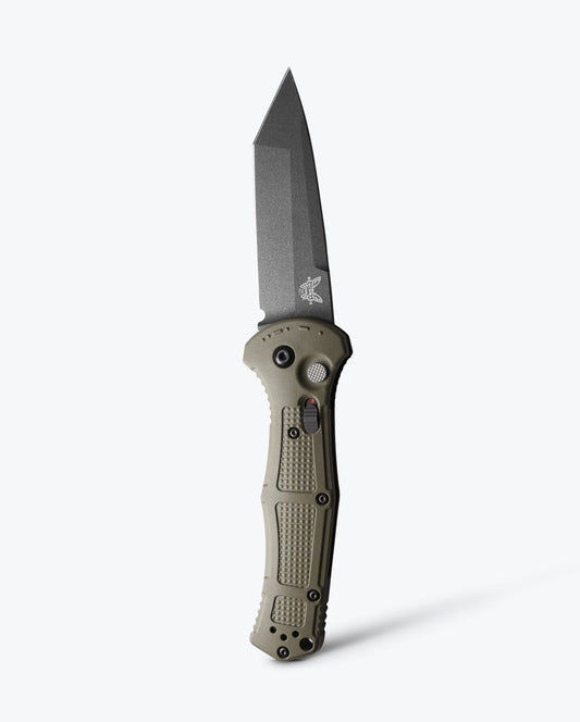 Benchmade Claymore 9071BK-1 front view, 3.60 inch CPM-D2 cobalt black tanto automatic knife Ranger Green Grivory
