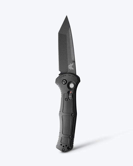 Benchmade Claymore 9071BK front view, 3.60 inch CPM-D2 cobalt black tanto automatic knife black Grivory