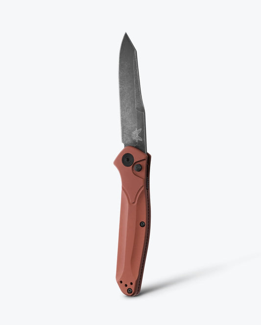 Benchmade Auto Osborne 9400BK-03 front view, 3.40 inch CPM-MagnaCut DLC Battlewash reverse tanto automatic knife