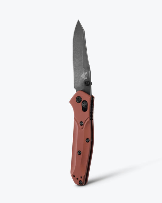 Benchmade Mini Osborne 945BK-03 front view, 2.92 inch CPM-MagnaCut DLC Battlewash reverse tanto folding knife