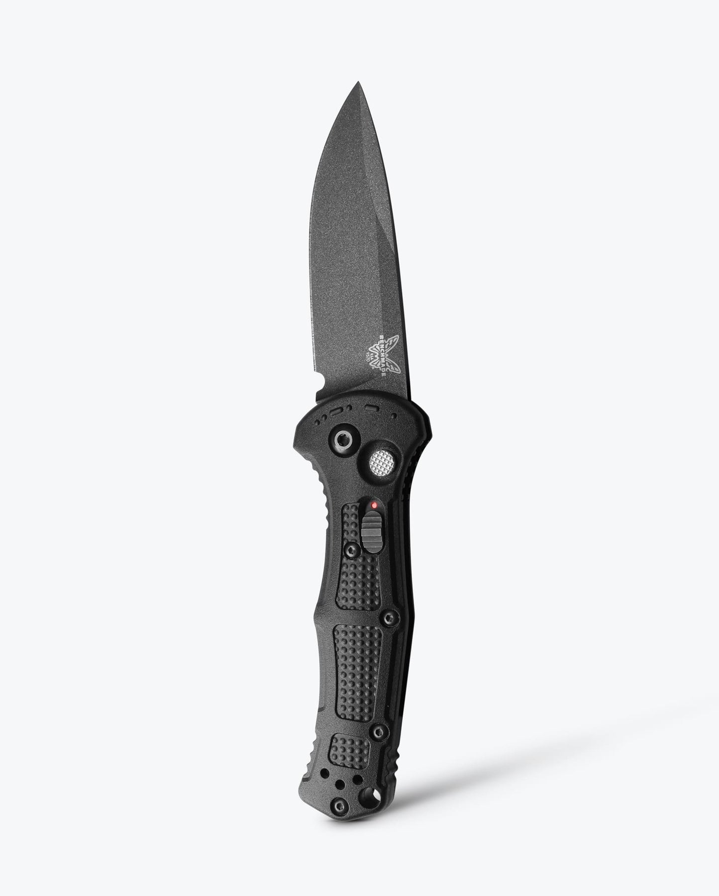 Benchmade Mini Claymore 9570BK front view, 3.00 inch CPM-D2 drop-point automatic knife black Grivory