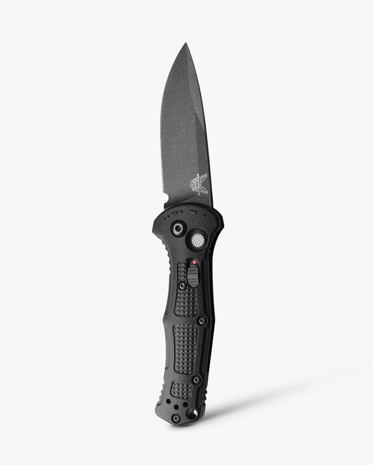 Benchmade Mini Claymore 9570BK front view, 3.00 inch CPM-D2 drop-point automatic knife black Grivory
