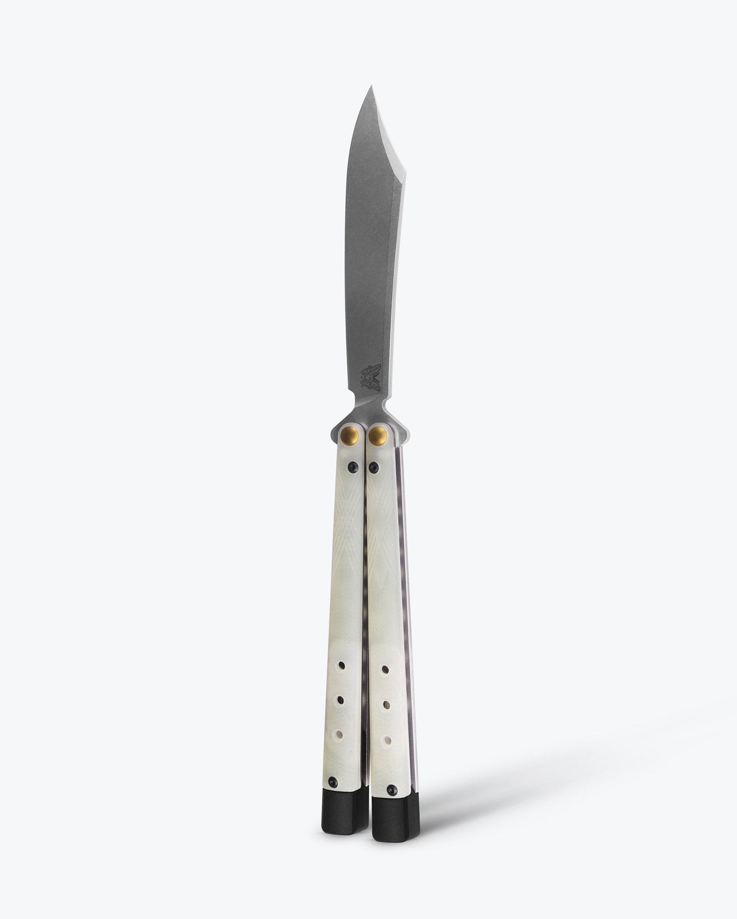 Benchmade Necron 99 front view – 4.59″ CPM-S30V scimitar balisong butterfly knife, Jade G10