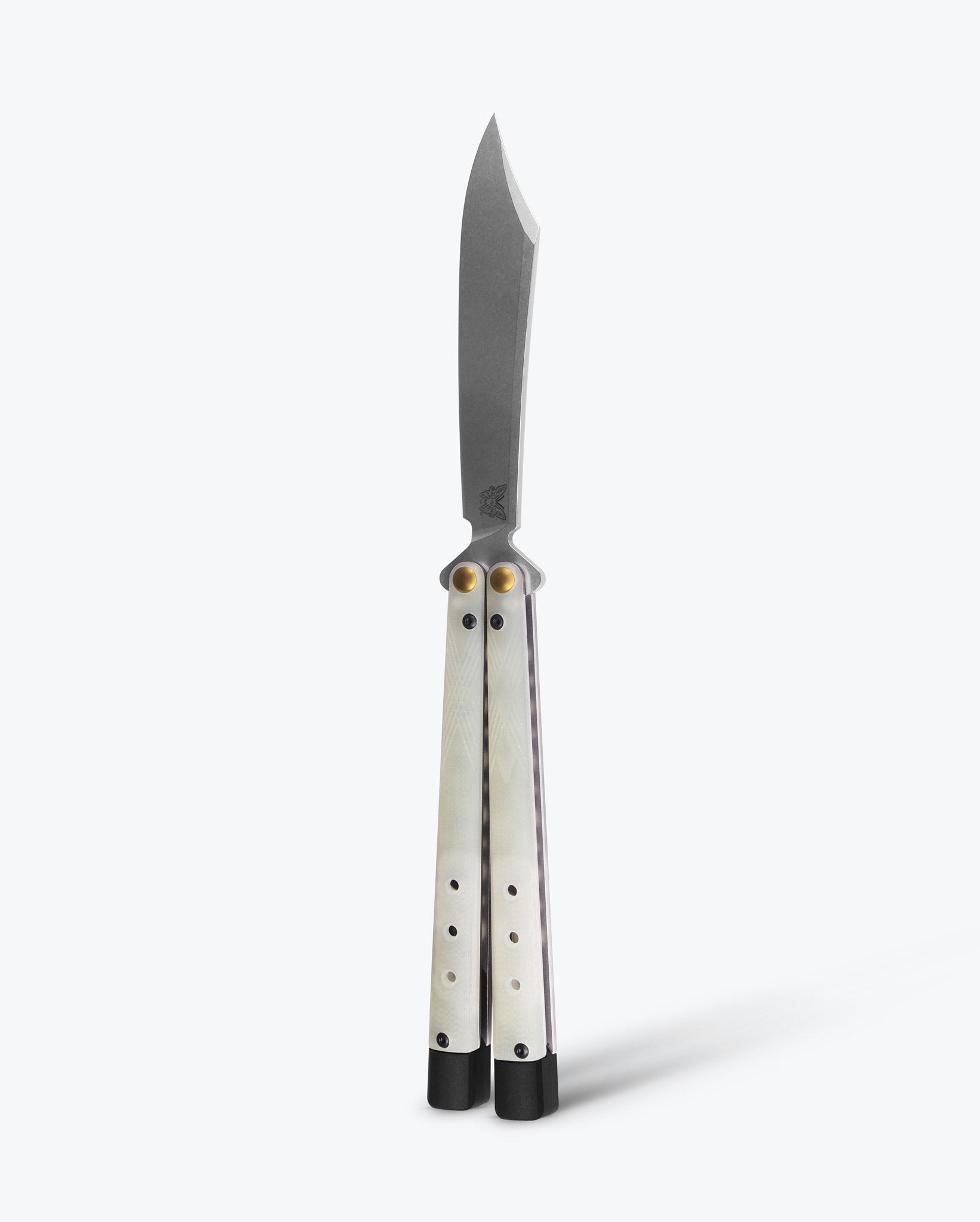 Benchmade Necron 99 front view – 4.59″ CPM-S30V scimitar balisong butterfly knife, Jade G10